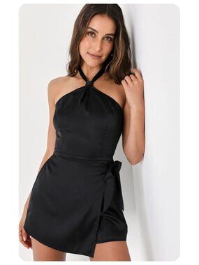 Lulus Alluring Mood Black Satin Halter Side-Tie Skort Romper sz L